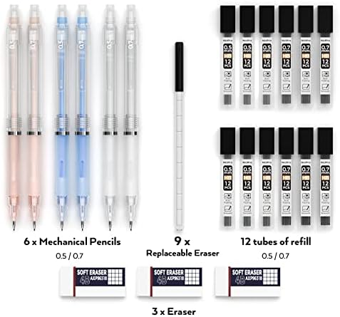 12 יחידות פסטל מכאני עיפרון סט 0.5&0.7 ממ עבור תלמיד אמן לכתיבה, ציור, שרטוט, שרטוט-מגיע עם מקרה