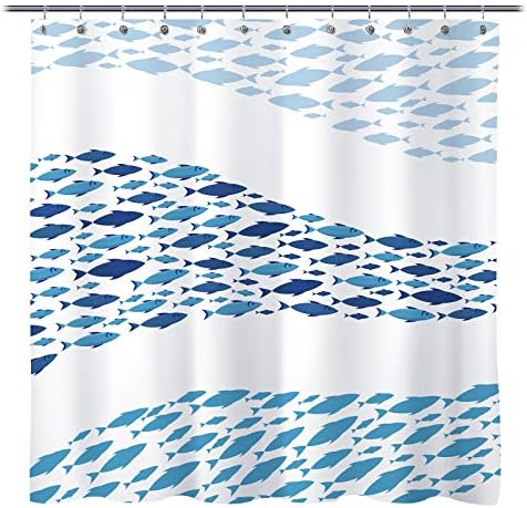 עיצוב מוארים וילון מקלחת מבד דגים כחולים, וילון מקלחת דגים מצוירים, וילון עיצוב אמבטיה, כחול
