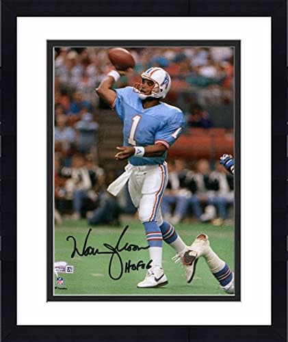 ממוסגר וורן מון יוסטון אוילרס חתימה 8 x 10 תצלום זריקת כחול עם כתובת HOF 06 - תמונות NFL עם חתימה