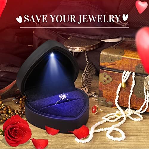 Ecally 4 PCS קופסת טבעת בצורת לב עם LED בהיר טבעת שחורה טבעת קופסת מתנה מארז תכשיטים בצורת לב קופסת תכשיטים לחתונה להצעה