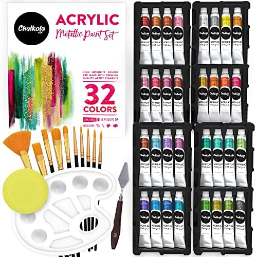 Chalkola metallic Acrylic Paint Set עבור אמנים, מבוגרים וילדים - 32 צינורות צבע מתכתי, 10 מברשות ציור, סכין אחת, 1 ספוג