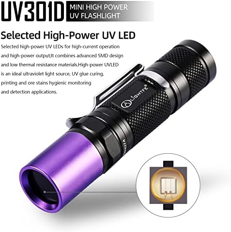 Lightfe אור שחור UV פנס 365 ננומטר Blacklight UV301D עם מקור LED LG, עדשת פילטר שחורה, מקסימום 3000 מגוואט כוח גבוה